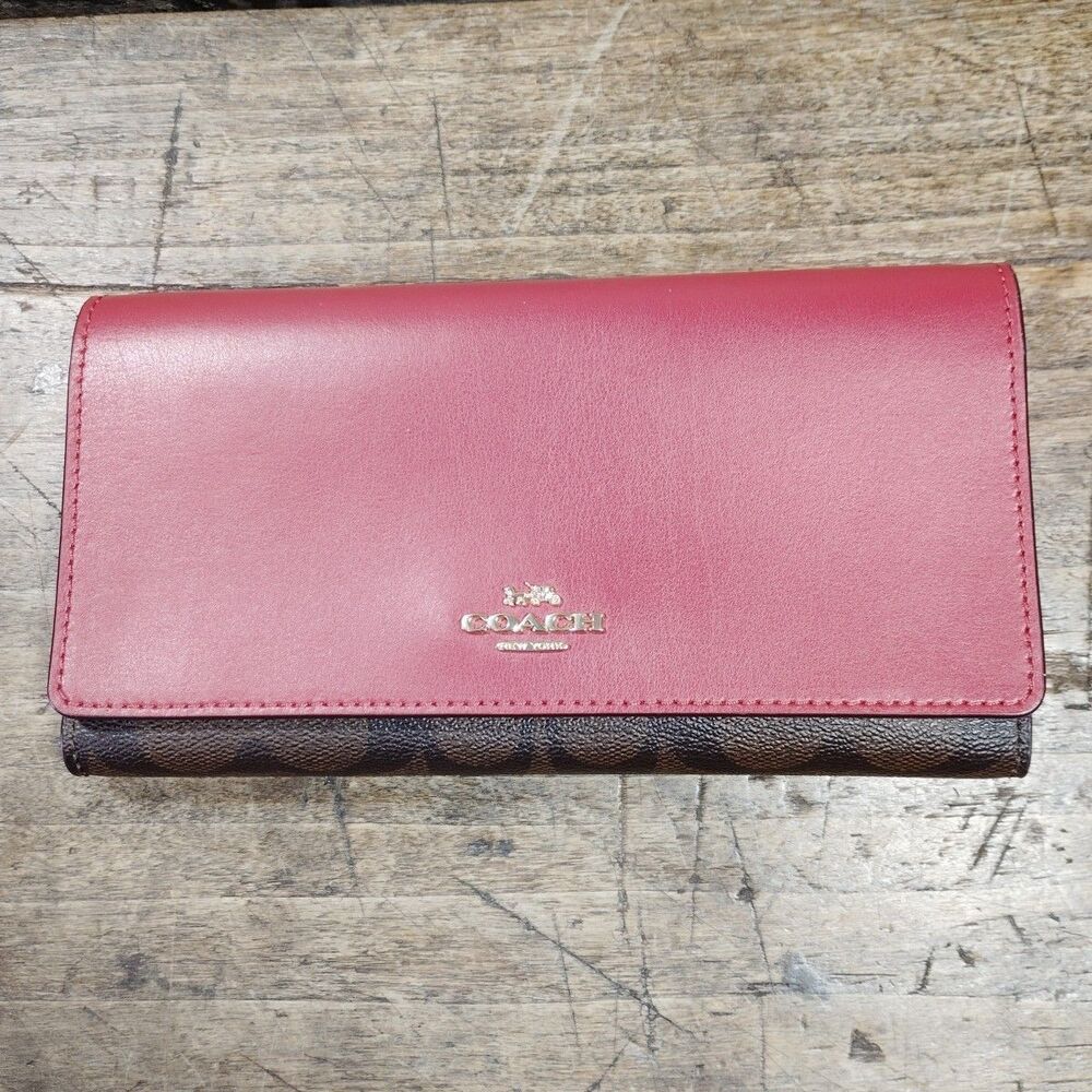 Coach Signature Slim Trifold Wallet Red Brown Black EXCELLENT CONDITION